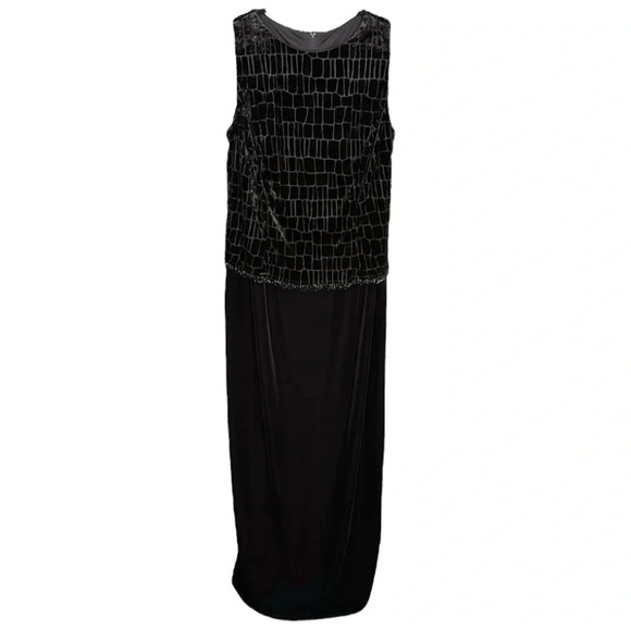 SCOTT McCLINTOCK Vintage 80s Maxi Column Dress Gown Black Velvet Burnout Beaded - Picture 1 of 16